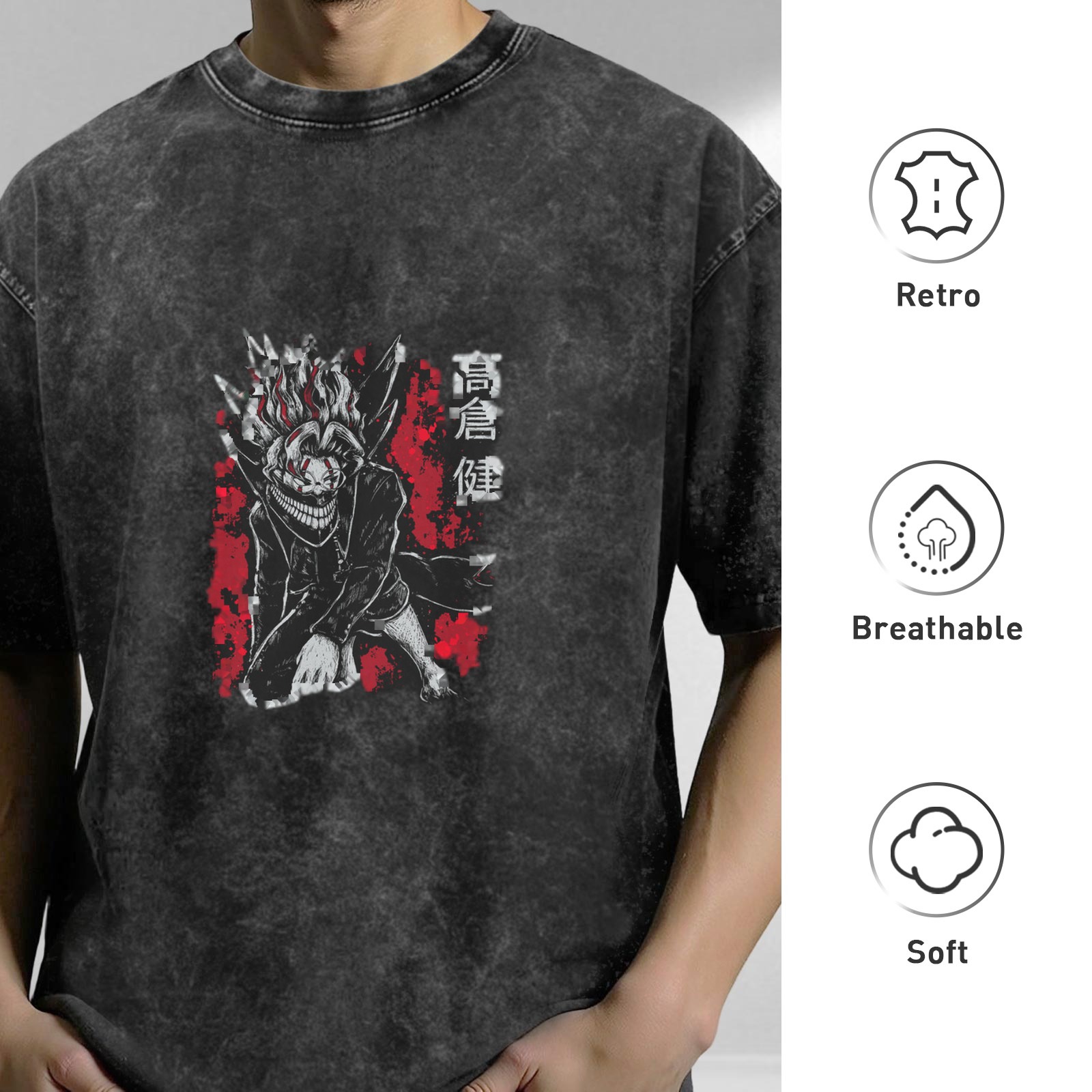 Takakura Ken anime print distressed washed short-sleeved T-shirt street style oversize round neck top