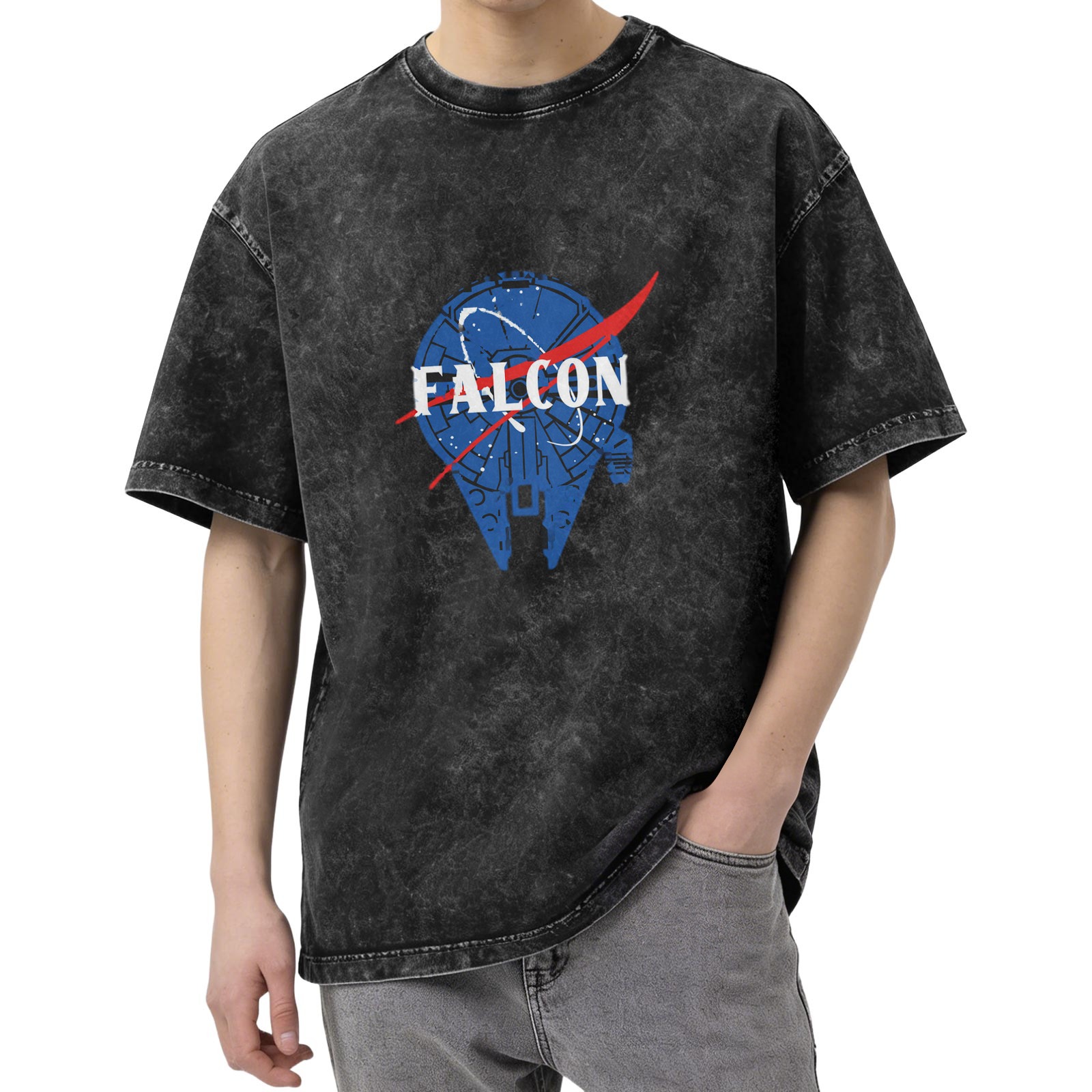 Distressed black Star Wars Millennium Falcon NASA style printed short-sleeved T-shirt Loose washed crew neck top