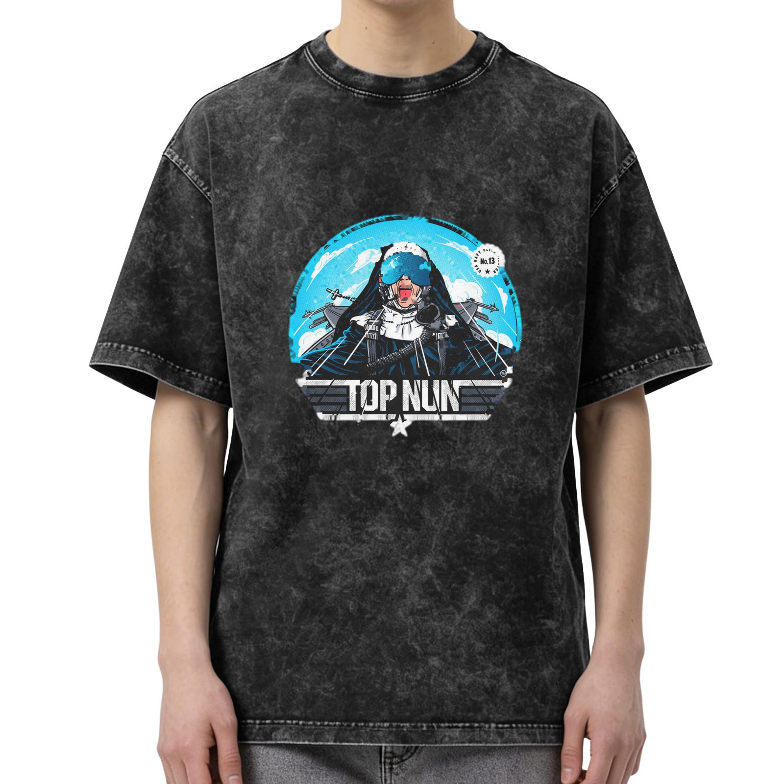 Oversized Dark Wash Graphic Tee With Top Nun Pilot Print