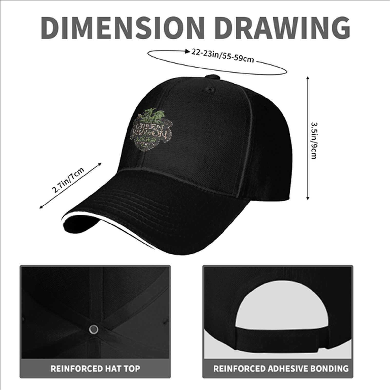 Black baseball cap with Green Dragon Lager graphic print