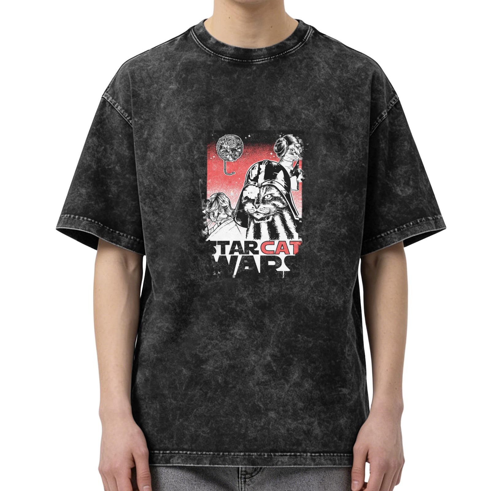 Star Cat Wars Graphic Acid Wash T-Shirt for Cat and Sci-Fi Fans