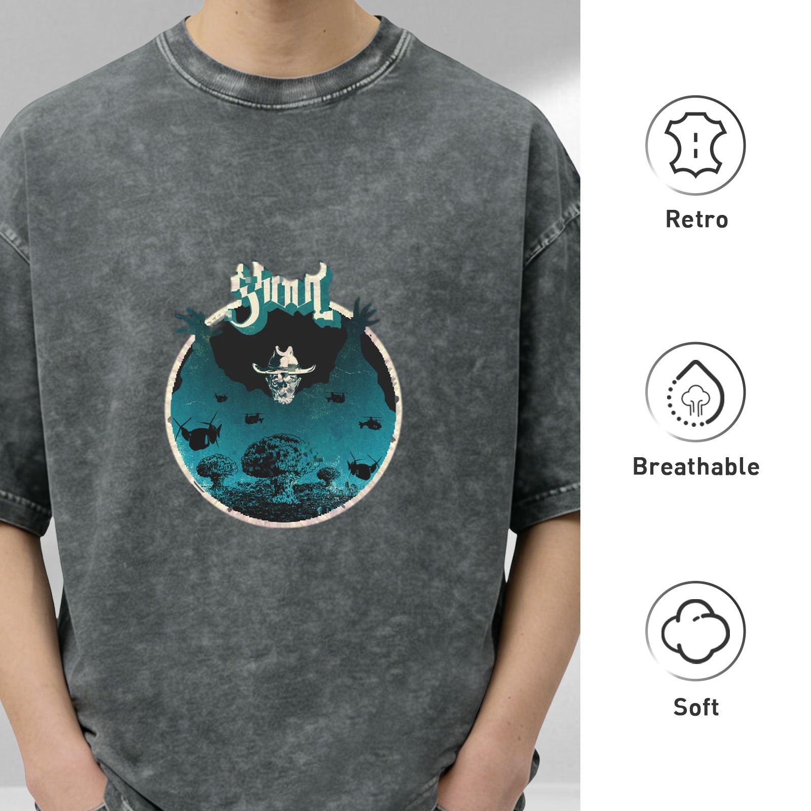 Washed Black Graphic T-Shirt with Skull and Mushroom Cloud Art