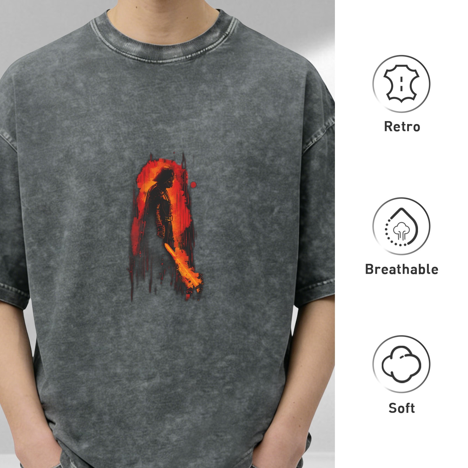 Washed black graphic t-shirt with fiery warrior silhouette print