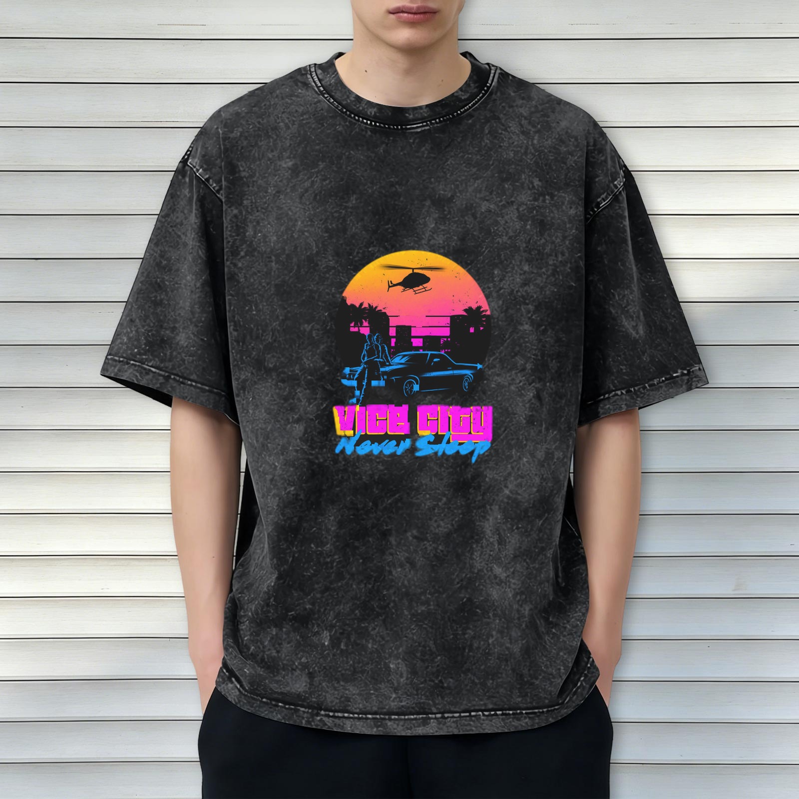 Vice City Never Sleep Retro Graphic Acid Wash T-Shirt