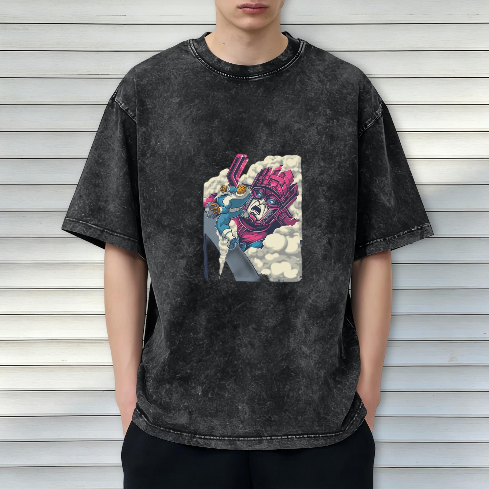 Oversized Acid Wash T-Shirt With Retro Superhero Comic Print