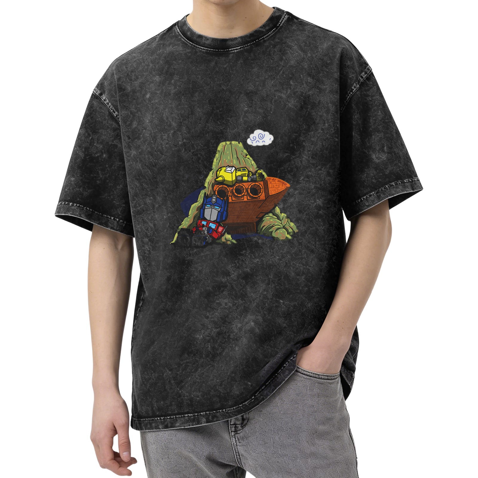Distressed washed black loose short-sleeved T-shirt Cartoon Transformers printed casual top