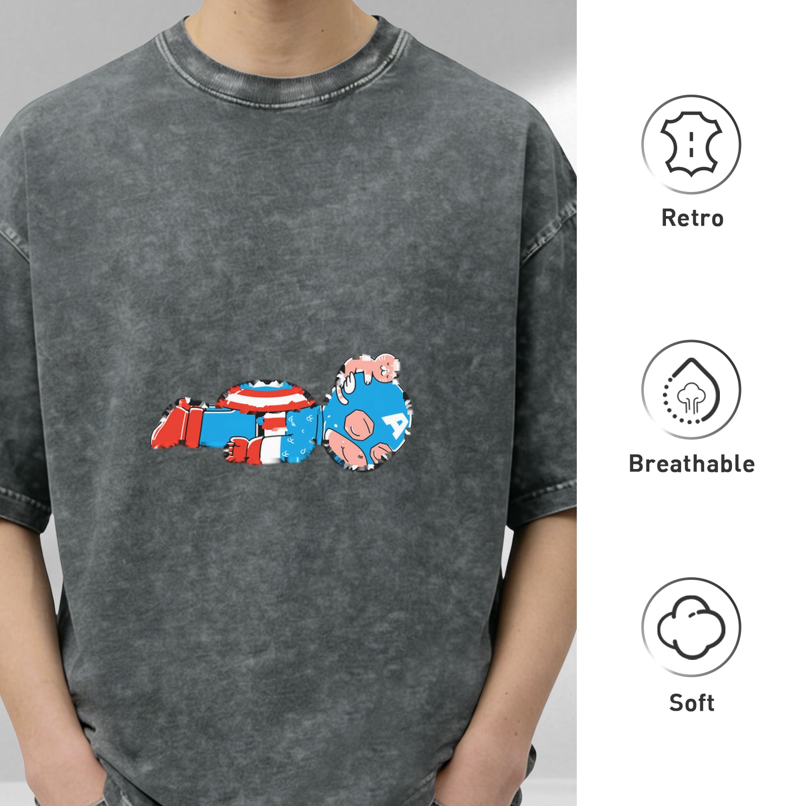 Oversized Acid Wash T-Shirt With Distressed Captain America Art