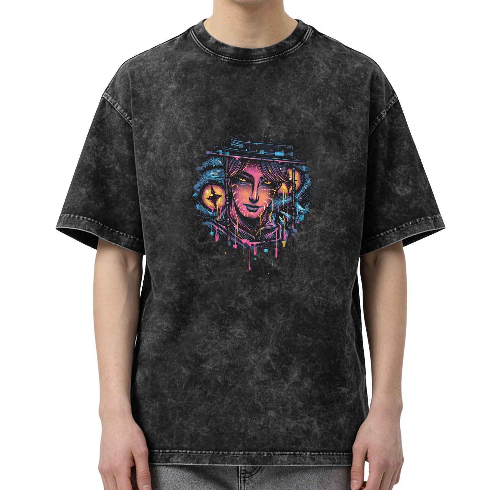 Oversized Acid Wash T-Shirt with Neon Cyberpunk Graphic Print