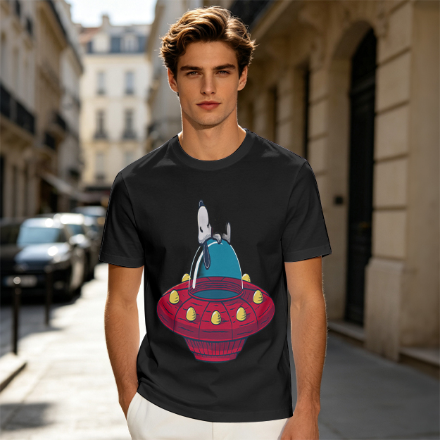 Olive T-Shirt Featuring Snoopy Relaxing in a Red UFO