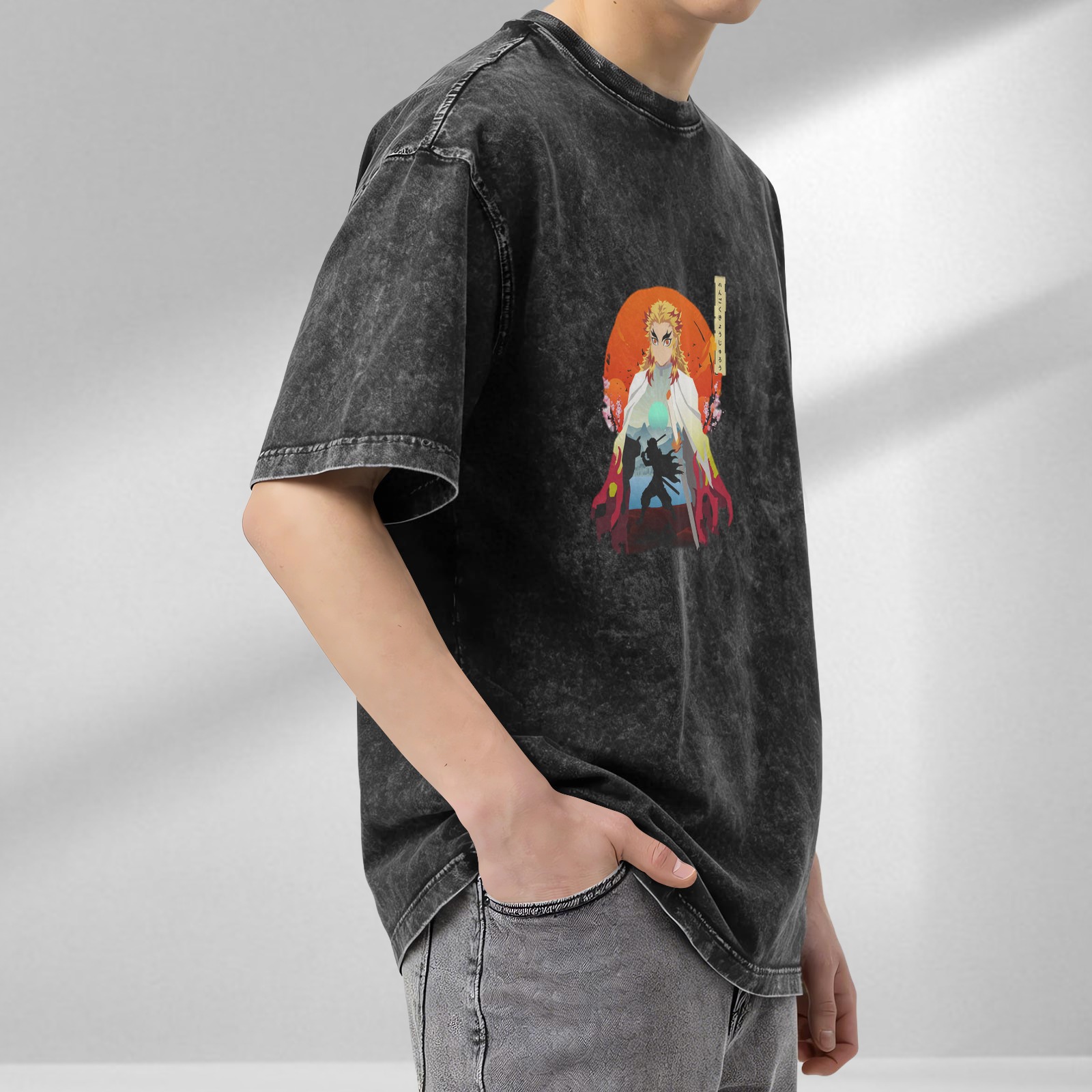 Demon Slayer Rengoku Anime Graphic Oversized Acid Wash T-Shirt