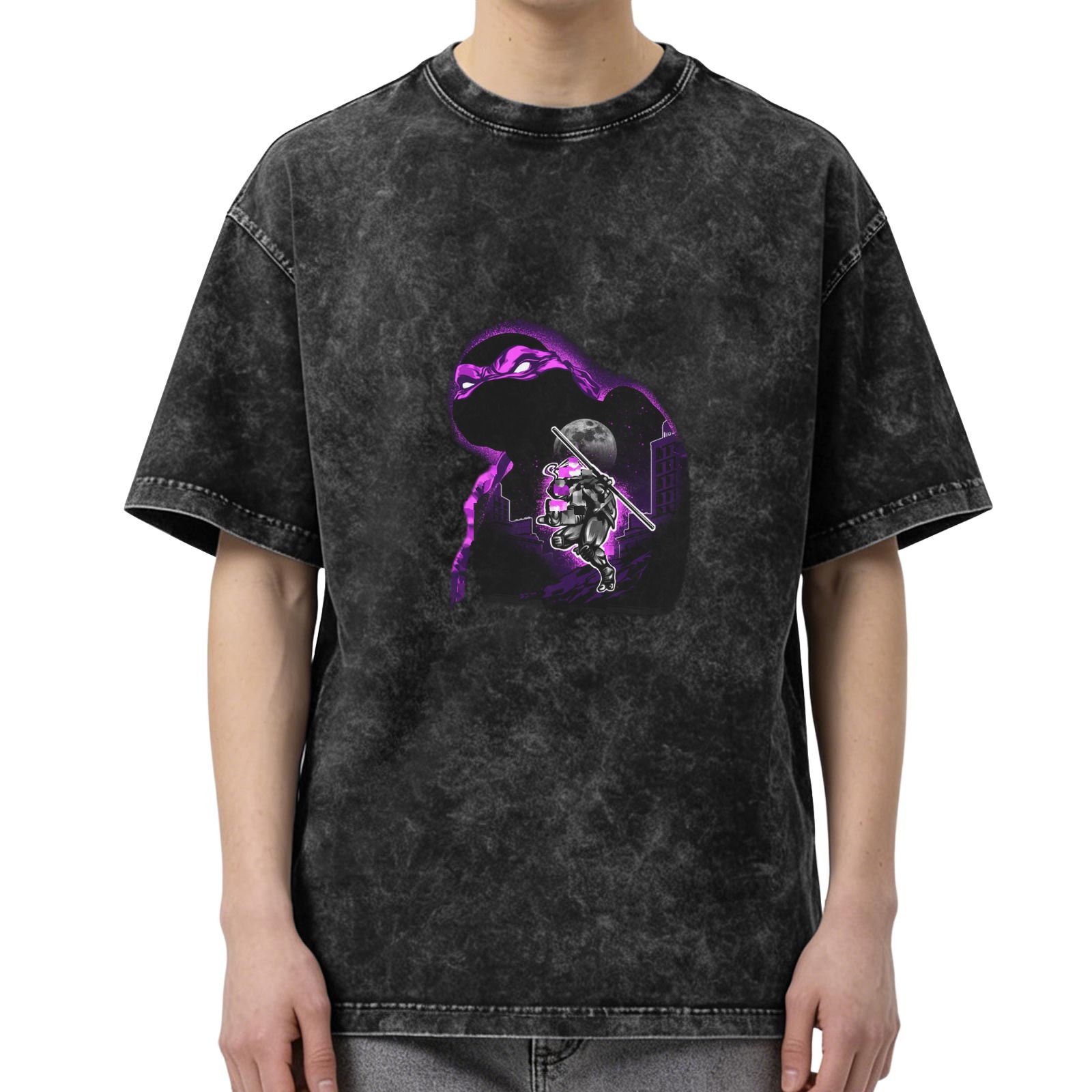 Washed black graphic t-shirt with purple ninja turtle design