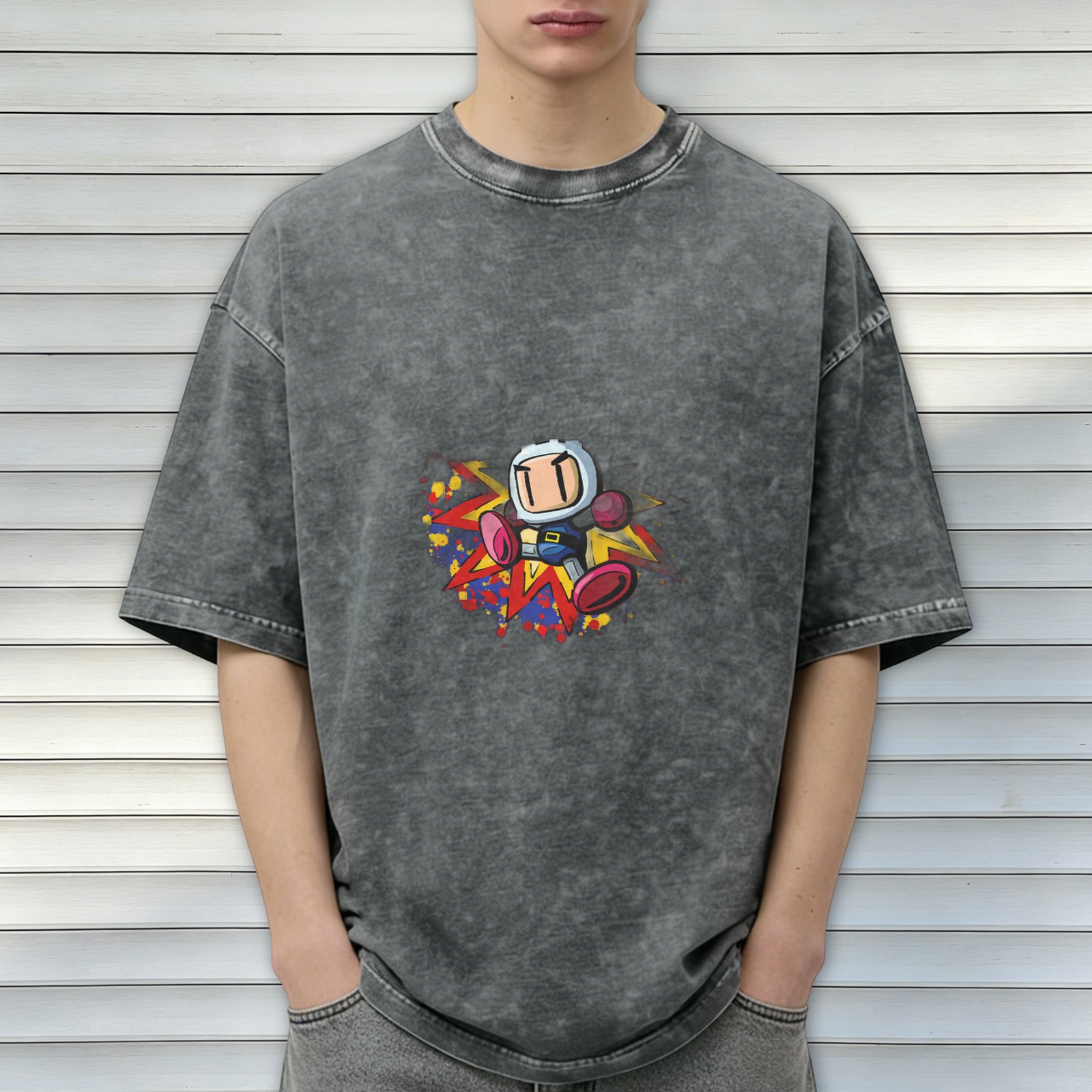 Oversized Acid Wash T-Shirt with Retro Bomberman Graphic Print