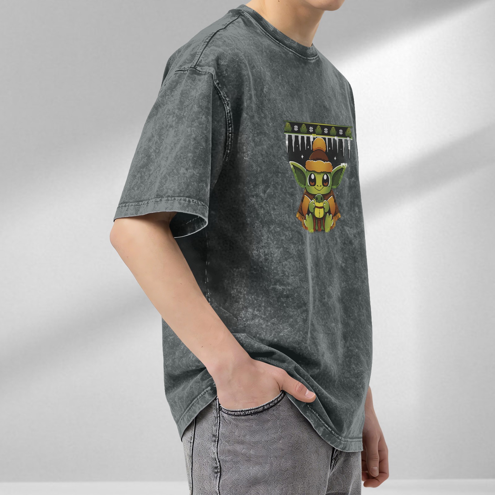 Washed black t-shirt with cute Baby Yoda holiday frog graphic