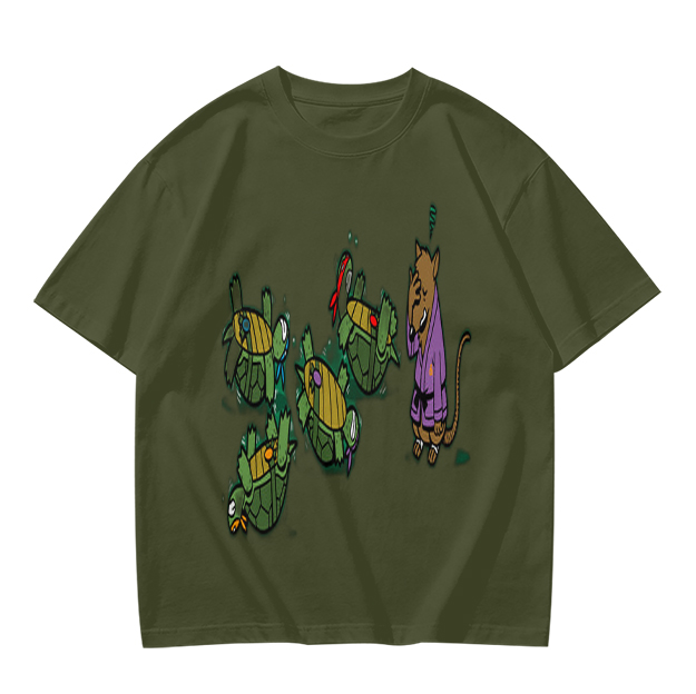 Olive Graphic Tee With Ninja Turtles and Splinter Print