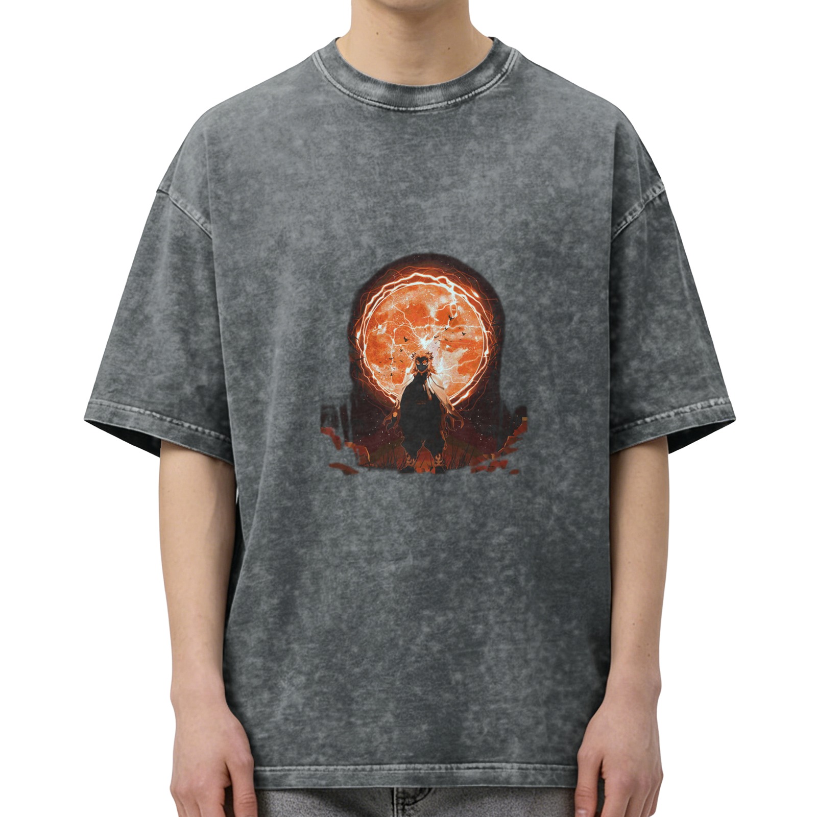 Washed Black Oversized T-Shirt With Anime Character Under Glowing Red Moon Graphic