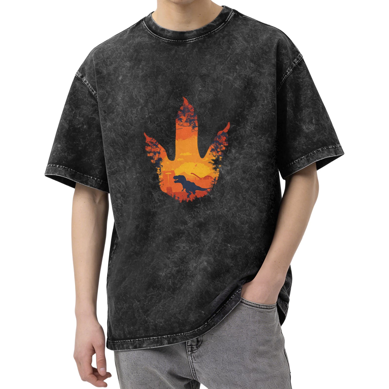 Washed Black Oversized T-Shirt with Dinosaur Footprint Sunset Graphic