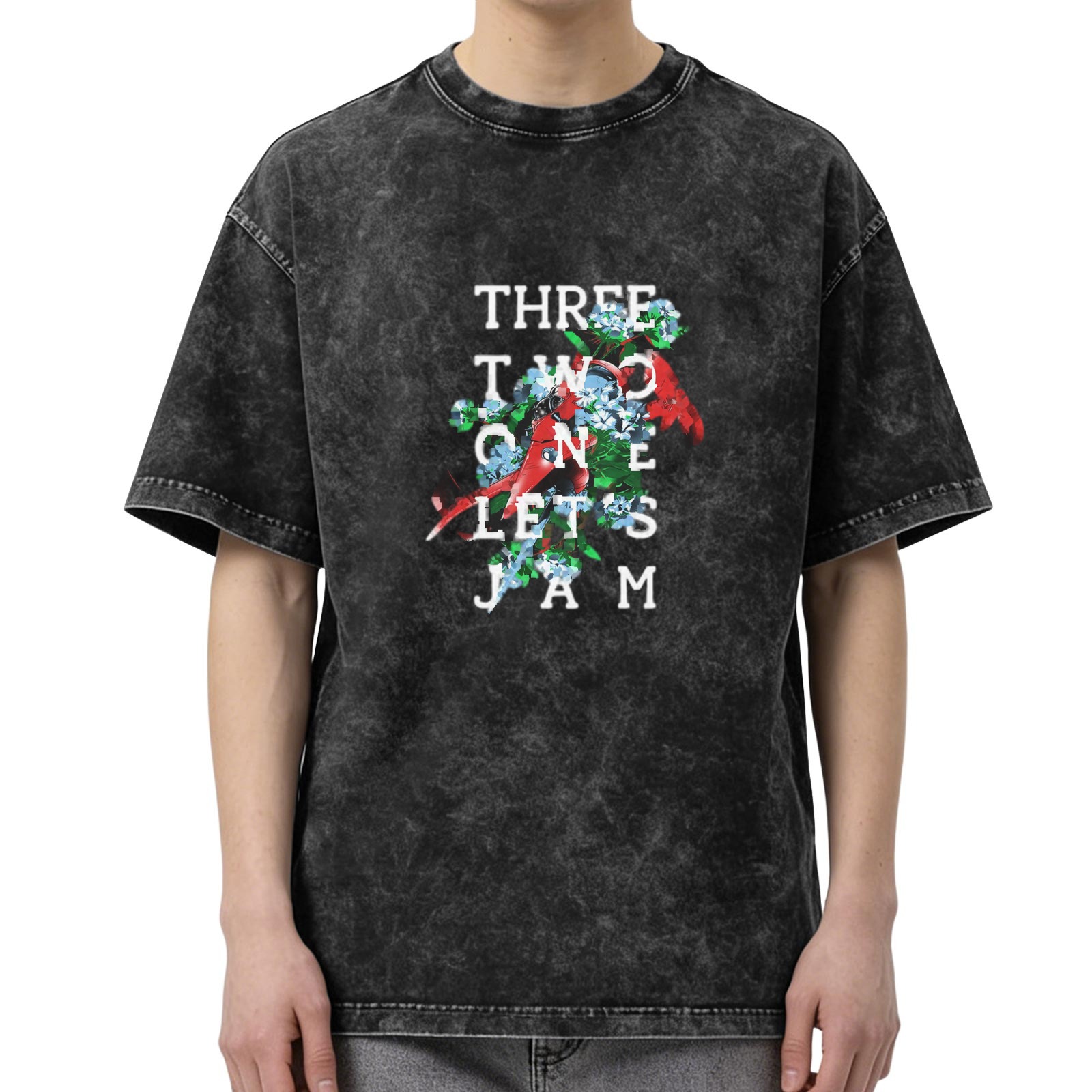 Washed Black Graphic T-Shirt With Three Two One Let's Jam Floral Print