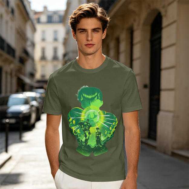 Anime Character Silhouette Glowing Green Graphic T-Shirt