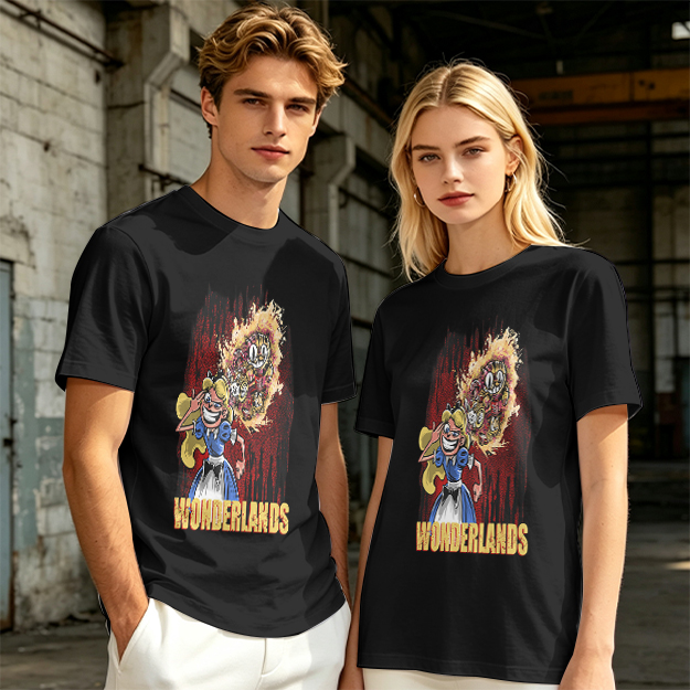 Olive Graphic Tee With Dark Wonderland Themed Cartoon Print