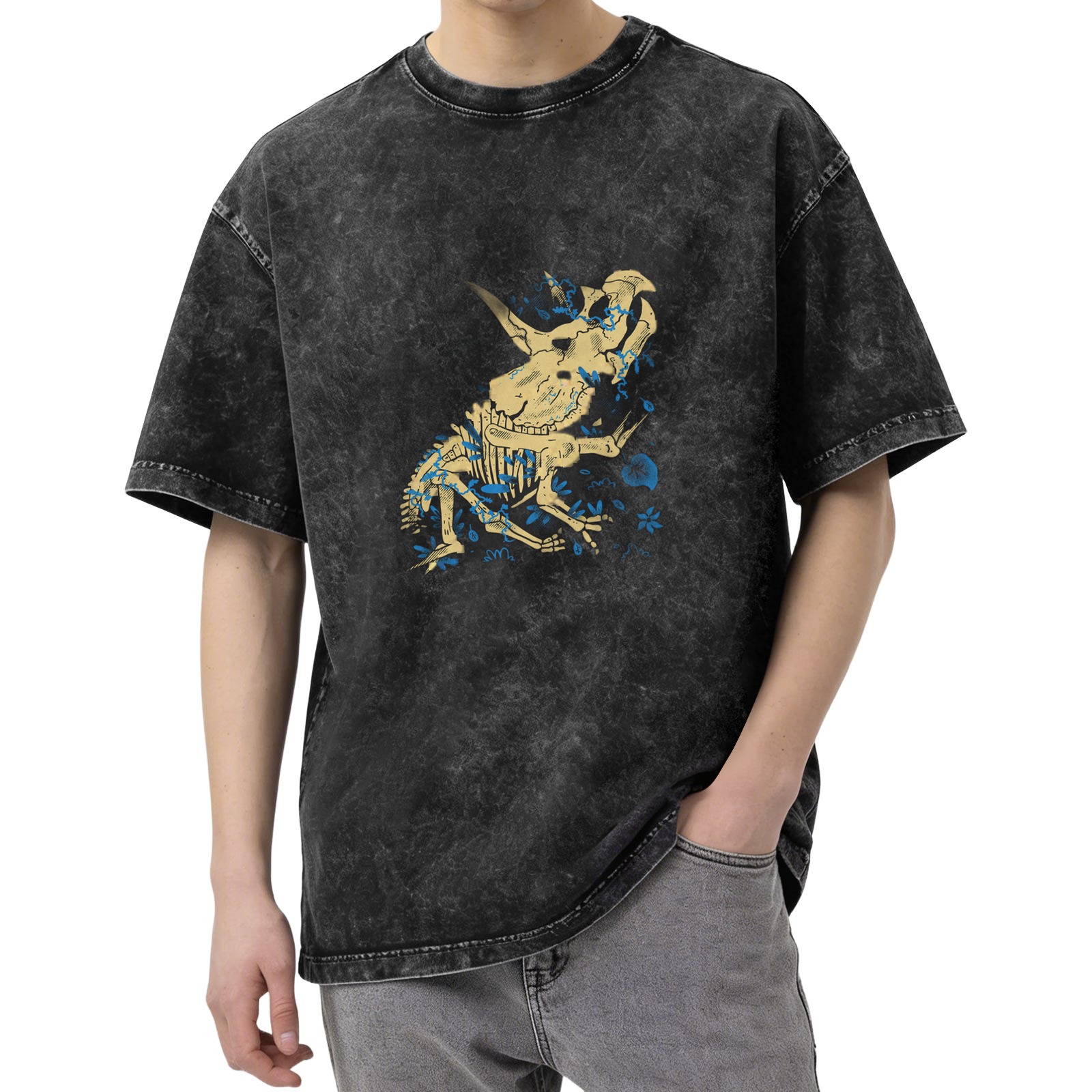 Oversized Acid Wash T-Shirt with Dinosaur Skeleton Graphic