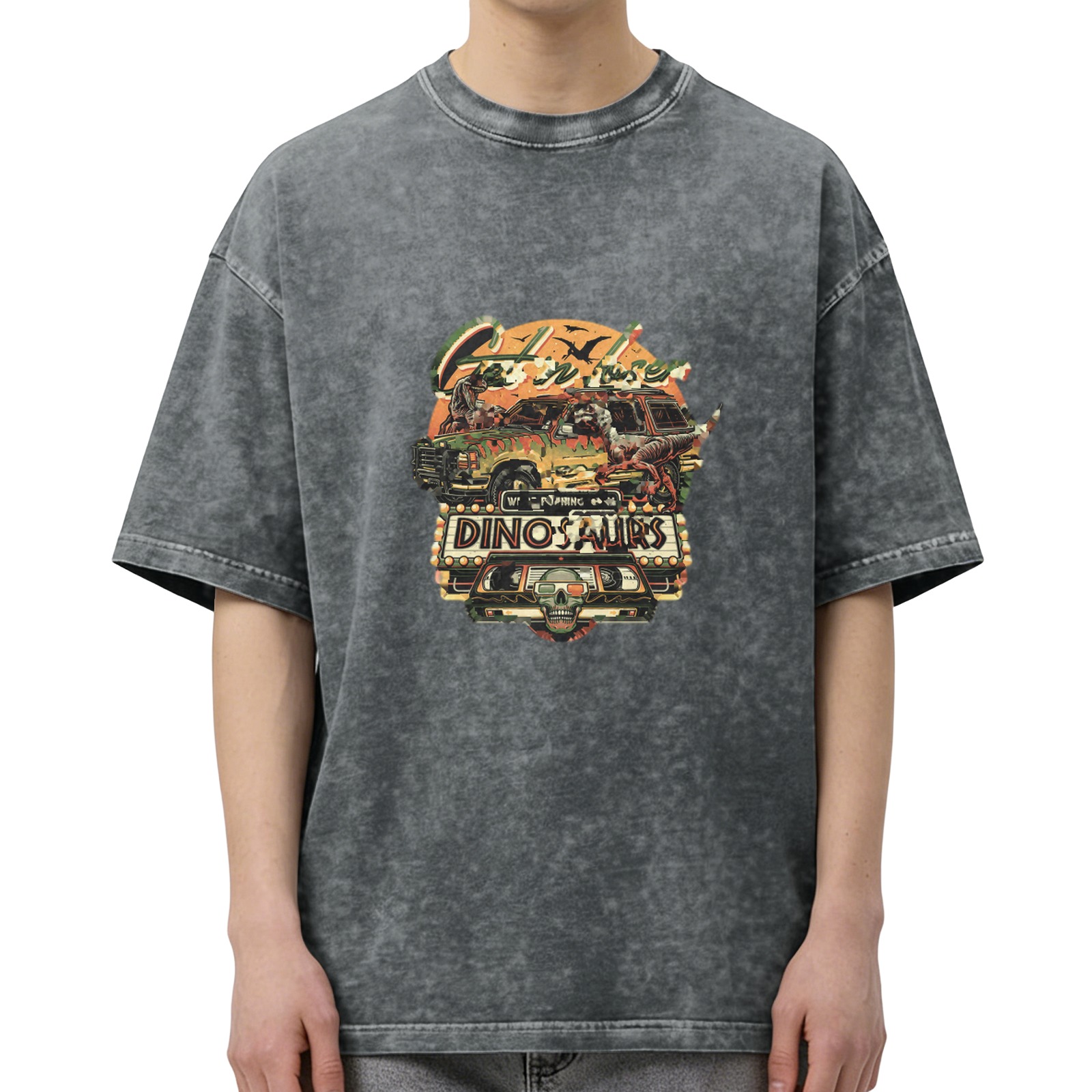 Vintage Washed Black Dinosaur Graphic T-Shirt for Men, Retro Jurassic Themed Short Sleeve Tee