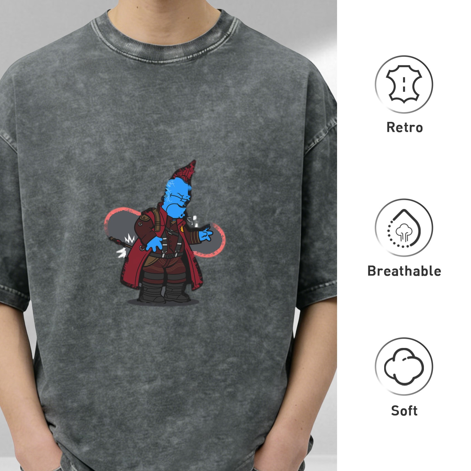 oversized acid wash t-shirt with yondu simpsons style graphic