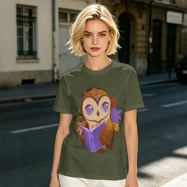 Owl Reading Book Autumn Leaves Graphic Tee