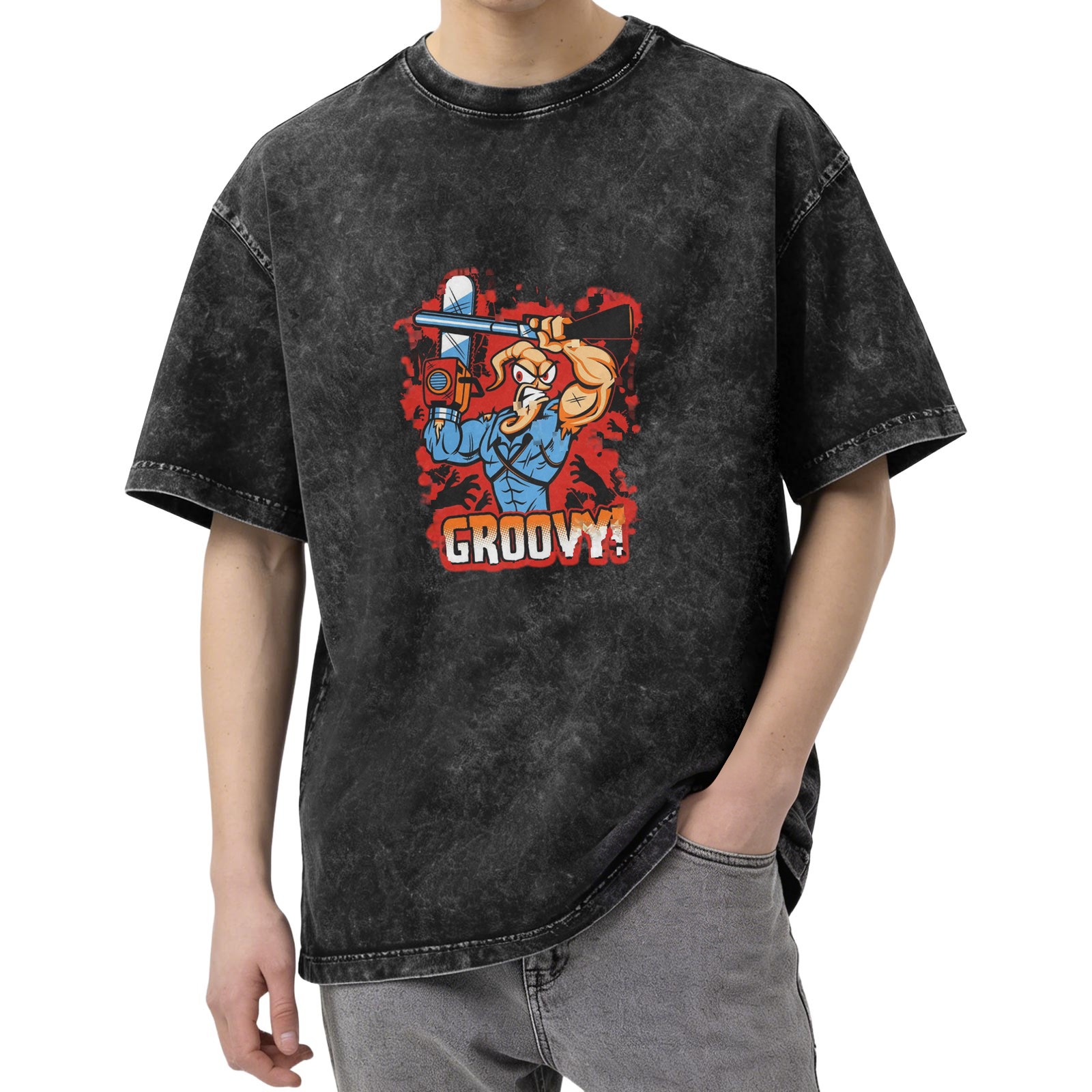 Vintage Washed Black T-Shirt with Cartoon Muscle Character Holding Chainsaw and 'GROOVY!' Graphic Print