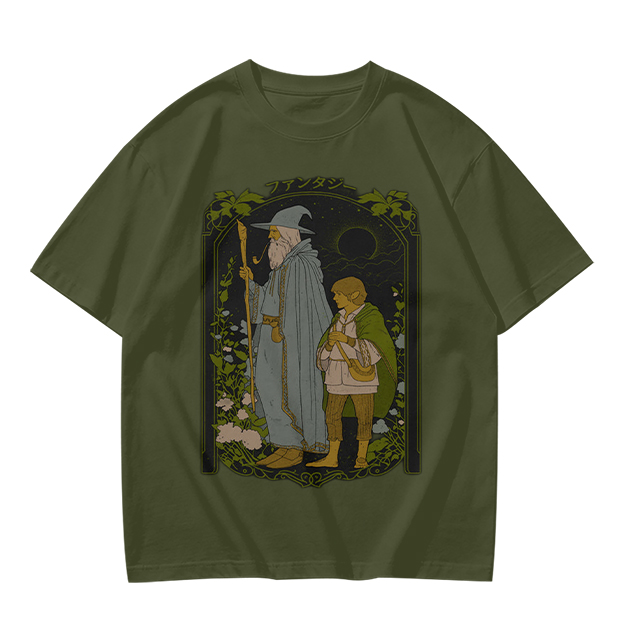 Olive T-Shirt with Wizard and Hobbit Fantasy Art Print