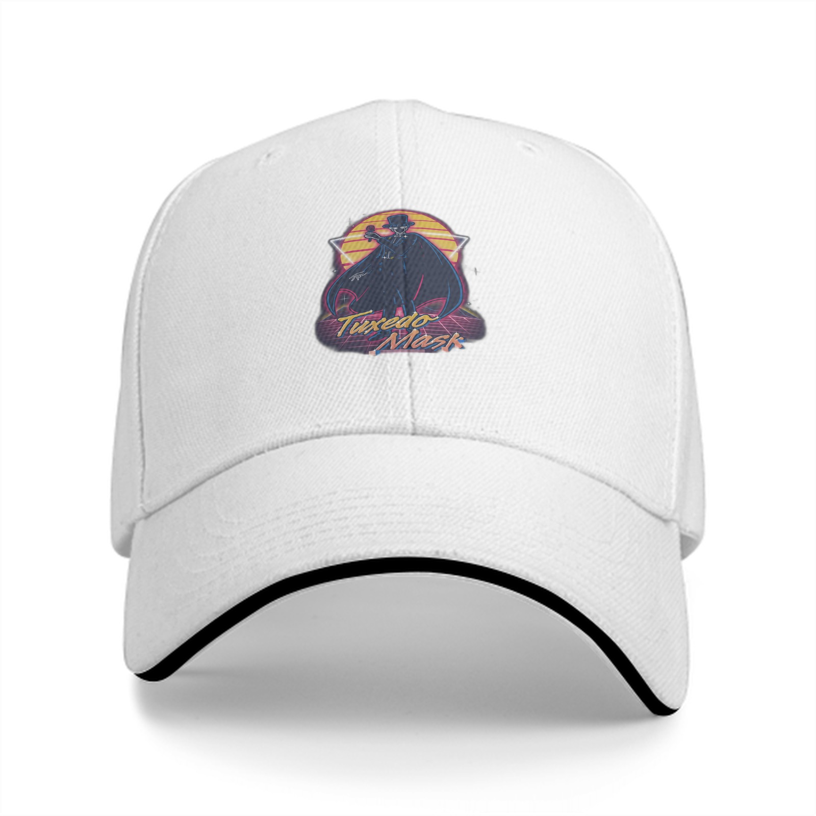 Black baseball cap with retro Tuxedo Mask graphic print