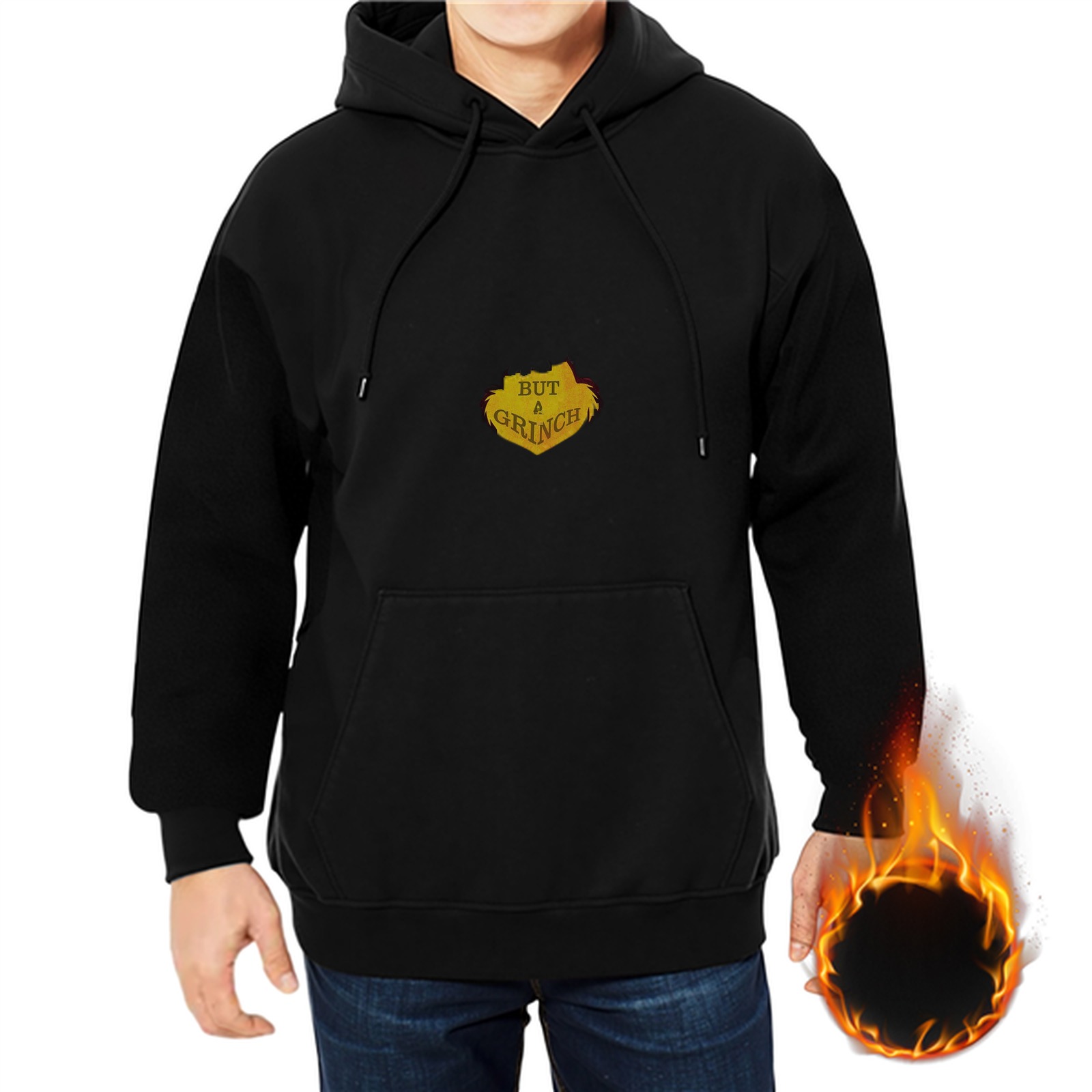 Black hoodie with yellow 'BUT A GRINCH' graphic print