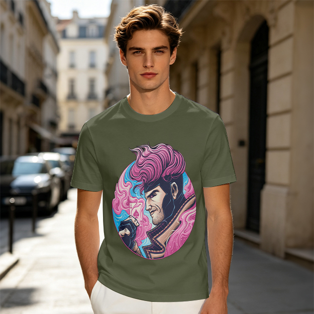 Olive T-Shirt With Pink Haired Superhero Character Art Print