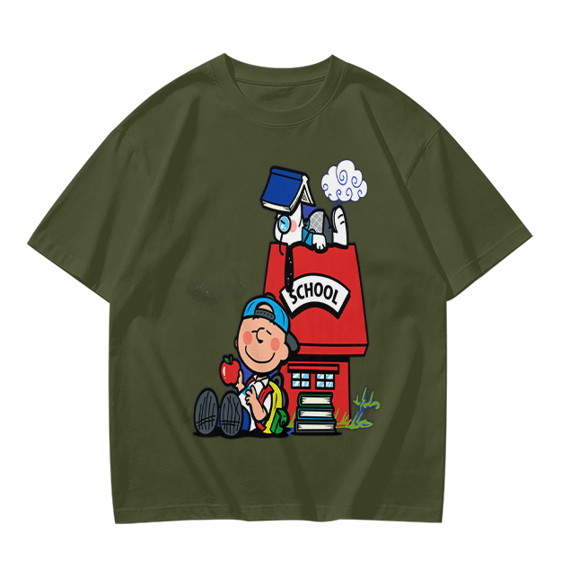 Olive T-shirt with Charlie Brown and Snoopy School Print