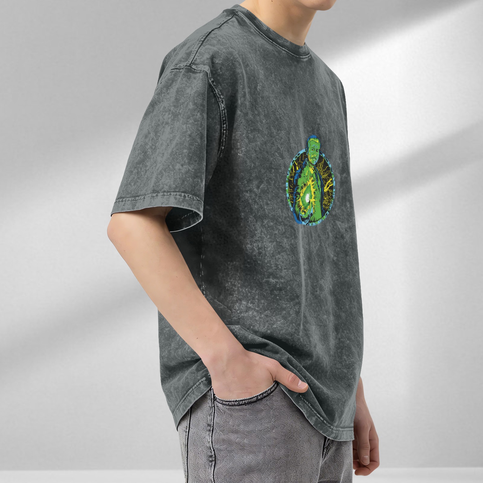 Oversized Acid Wash T-Shirt With Green Energy Figure Graphic