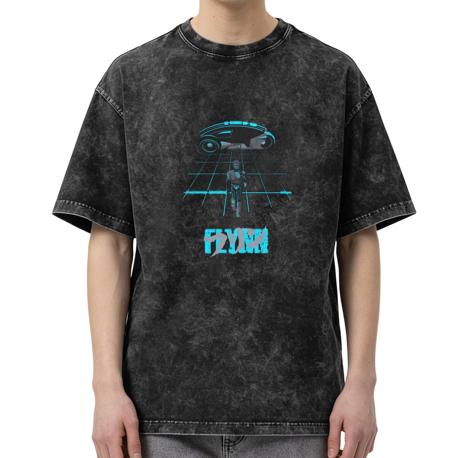Washed Black Tron Inspired Graphic T-Shirt with Flynn Text Design