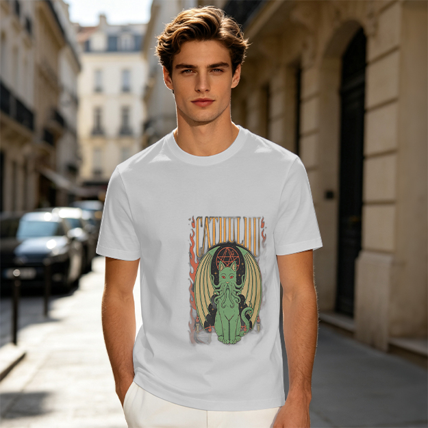 Olive T-shirt with Cthulhu Cat Graphic Print