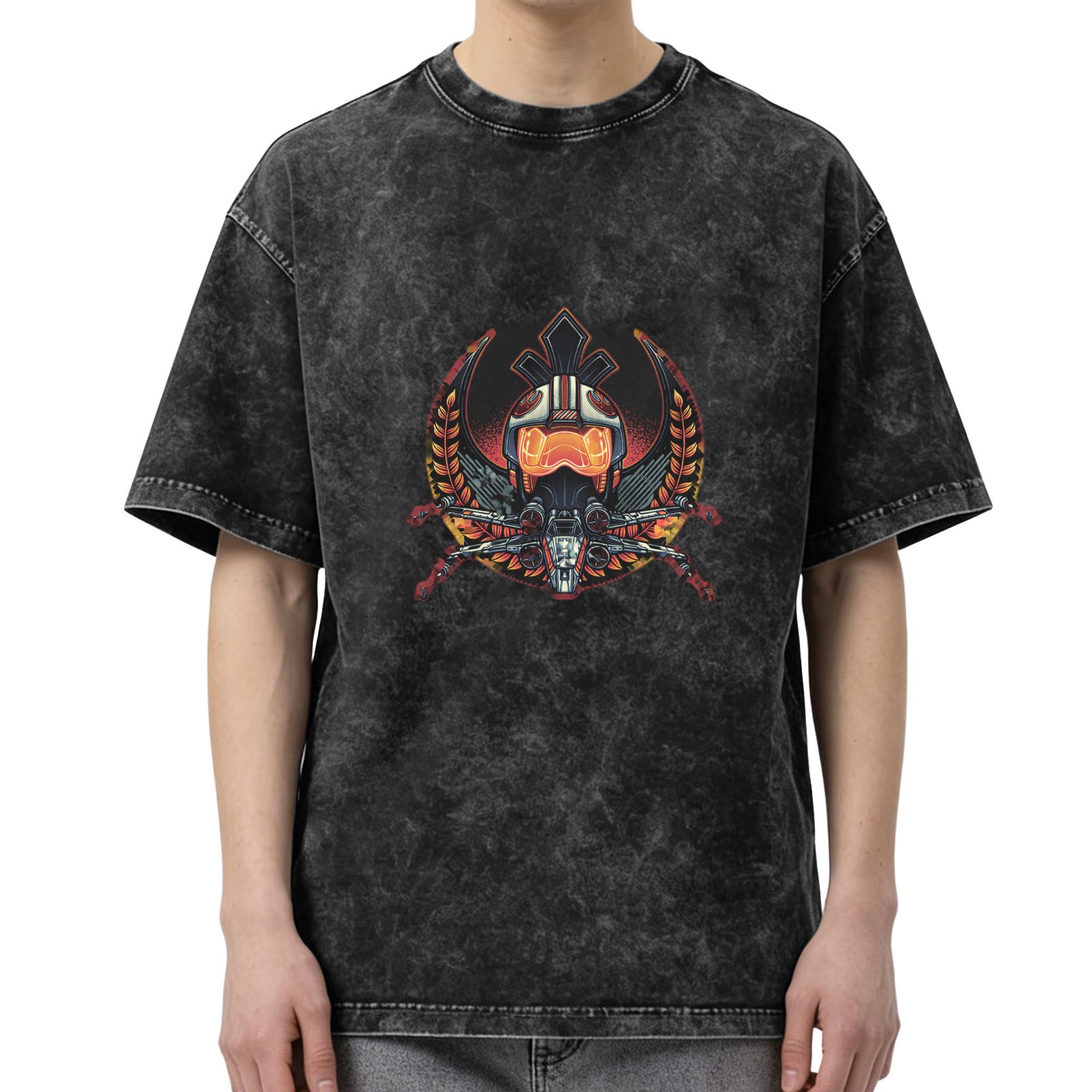 Washed Black Oversized T-Shirt With Sci-Fi Pilot Fighter Graphic