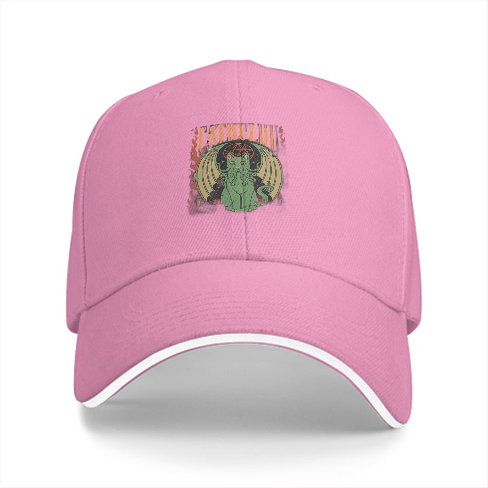 Black baseball cap with Cthulhu cat graphic design