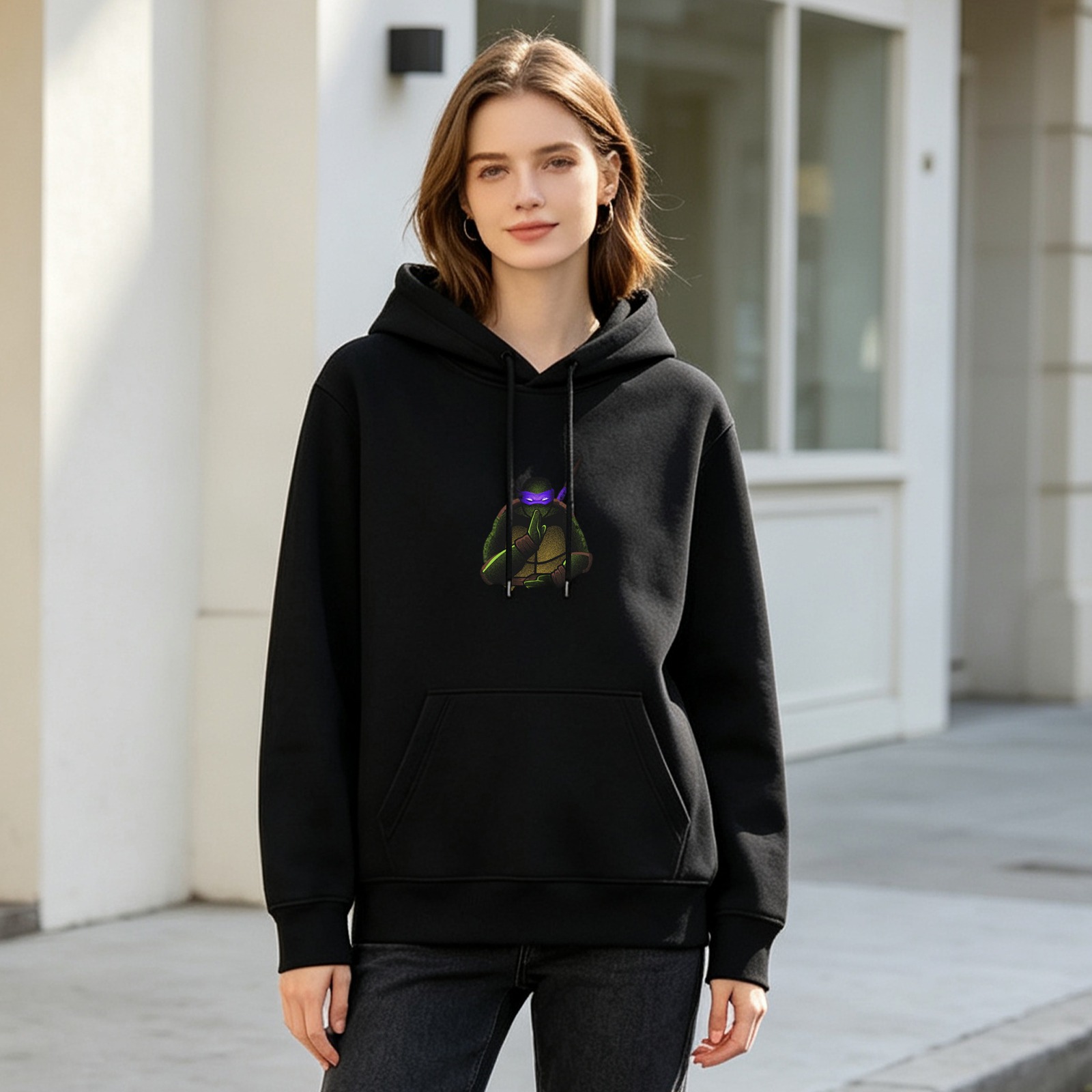 Black hoodie with purple masked ninja turtle graphic