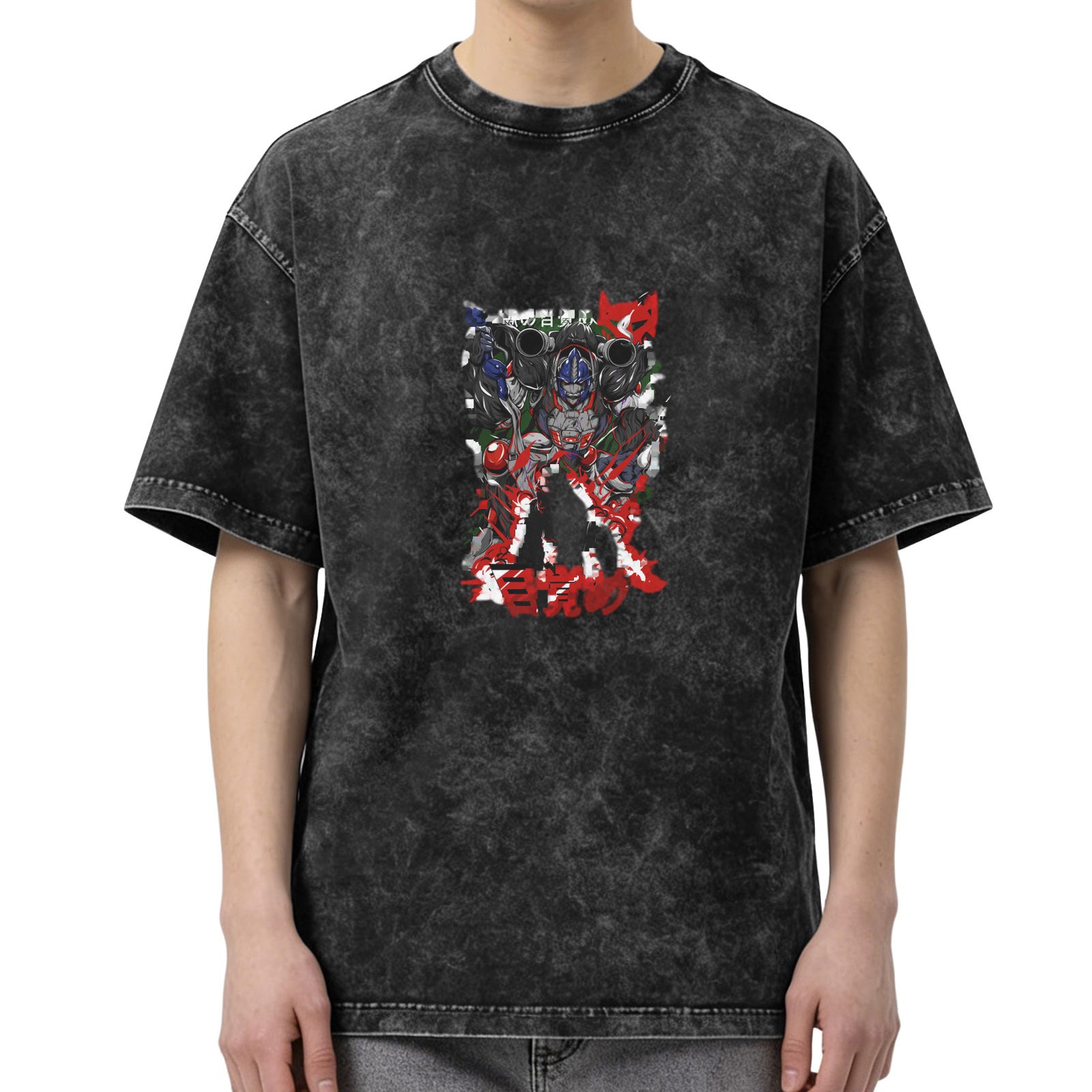 Washed Black Oversized T-Shirt with Anime Graphic Print