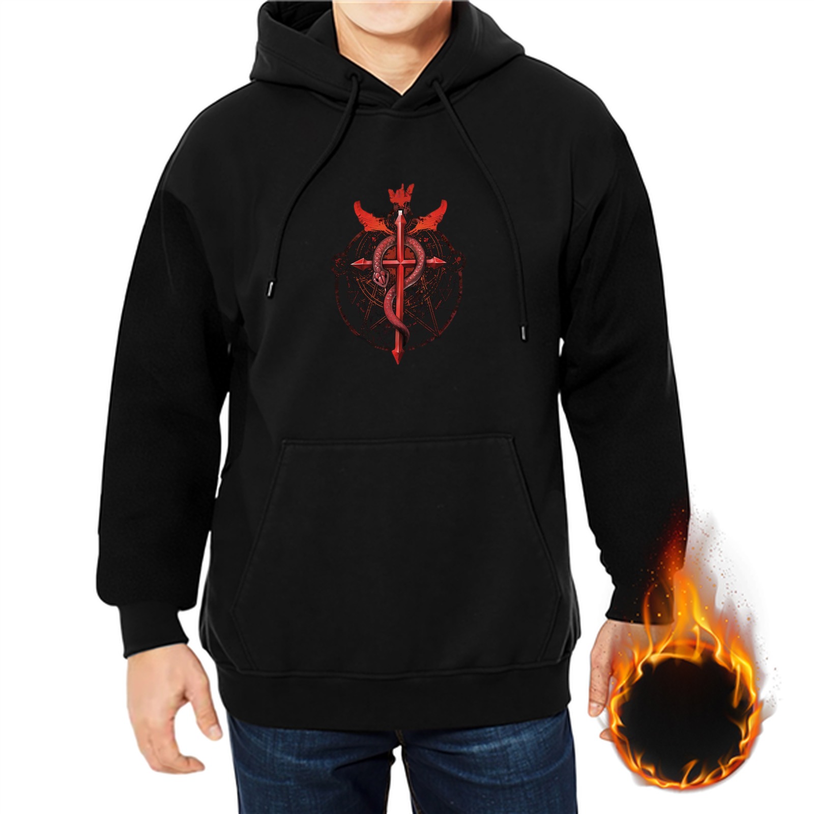 Black hoodie with red cross and serpent graphic design