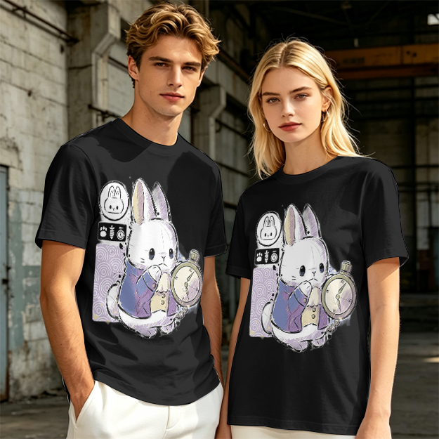 Olive T-Shirt With White Rabbit Holding Pocket Watch Print