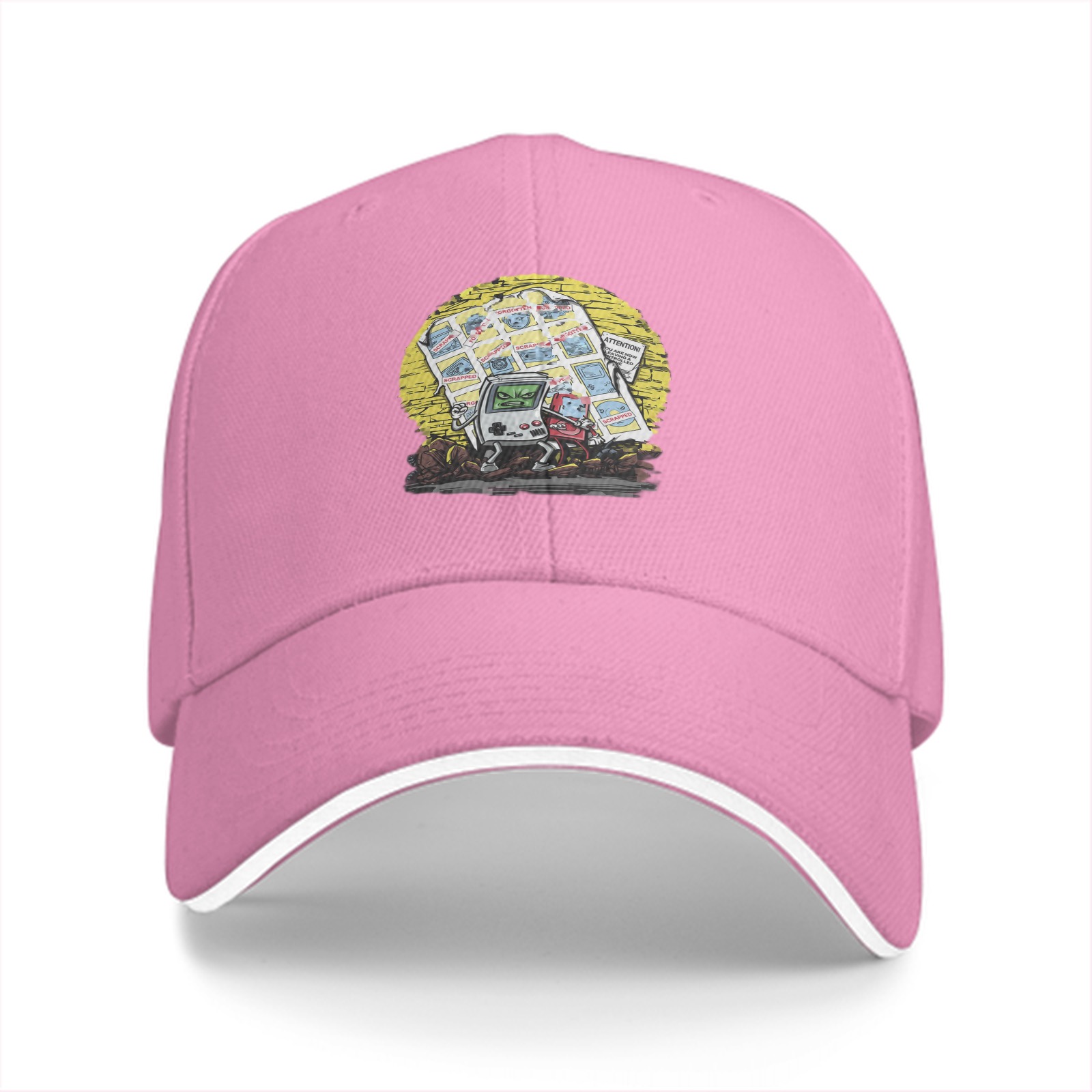 Black Baseball Cap With Retro Handheld Game Characters Graphic