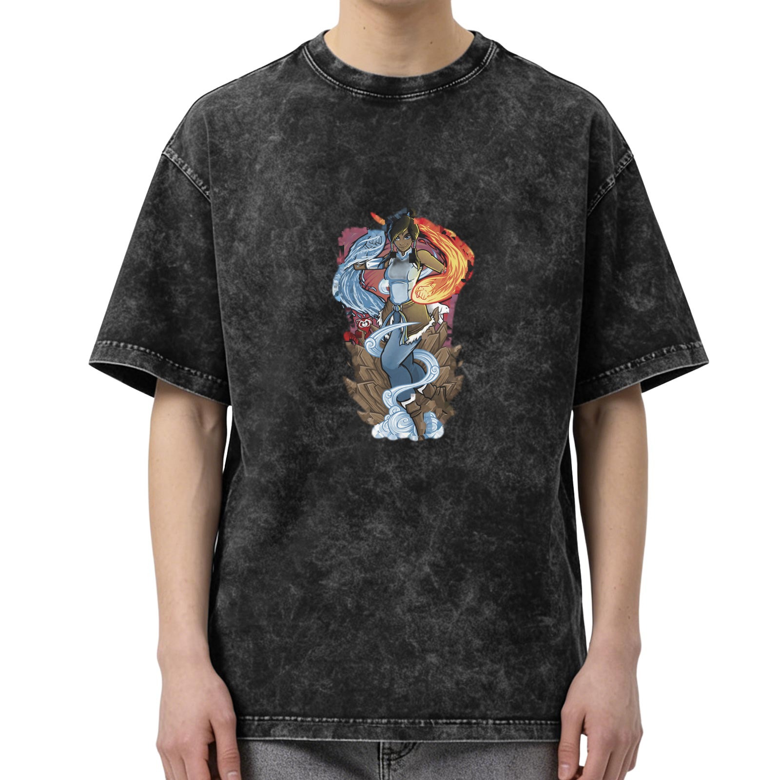 Avatar Korra Graphic Stonewashed Black Oversized T-Shirt