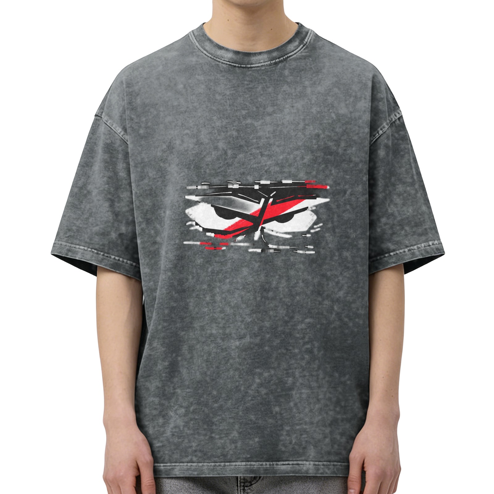 Washed Black T-Shirt With Glitchy Angry Eyes Graphic