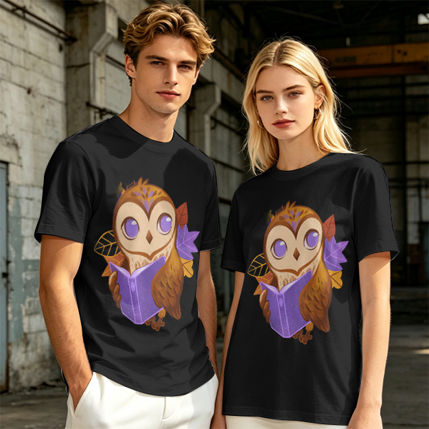 Owl Reading Book Autumn Leaves Graphic Tee