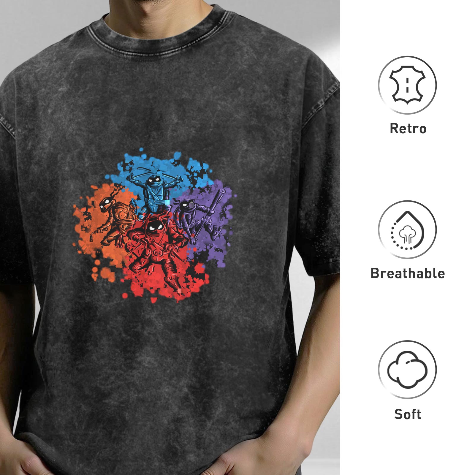 Washed Black T-Shirt With Ninja Turtle Splatter Graphic