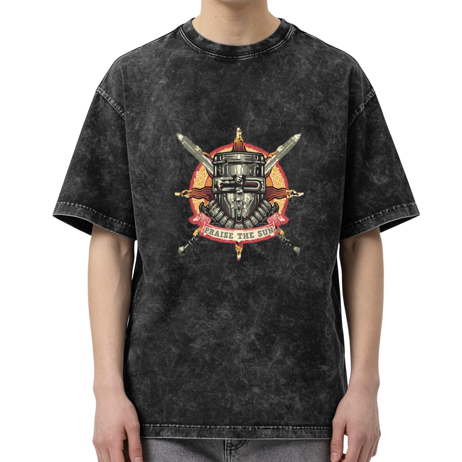 Dark Wash T-Shirt With Praise The Sun Knight Helmet Graphic