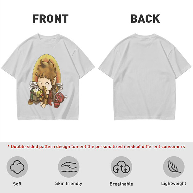 Chibi Hobbit Eating Bread Surrounded by Food T-Shirt