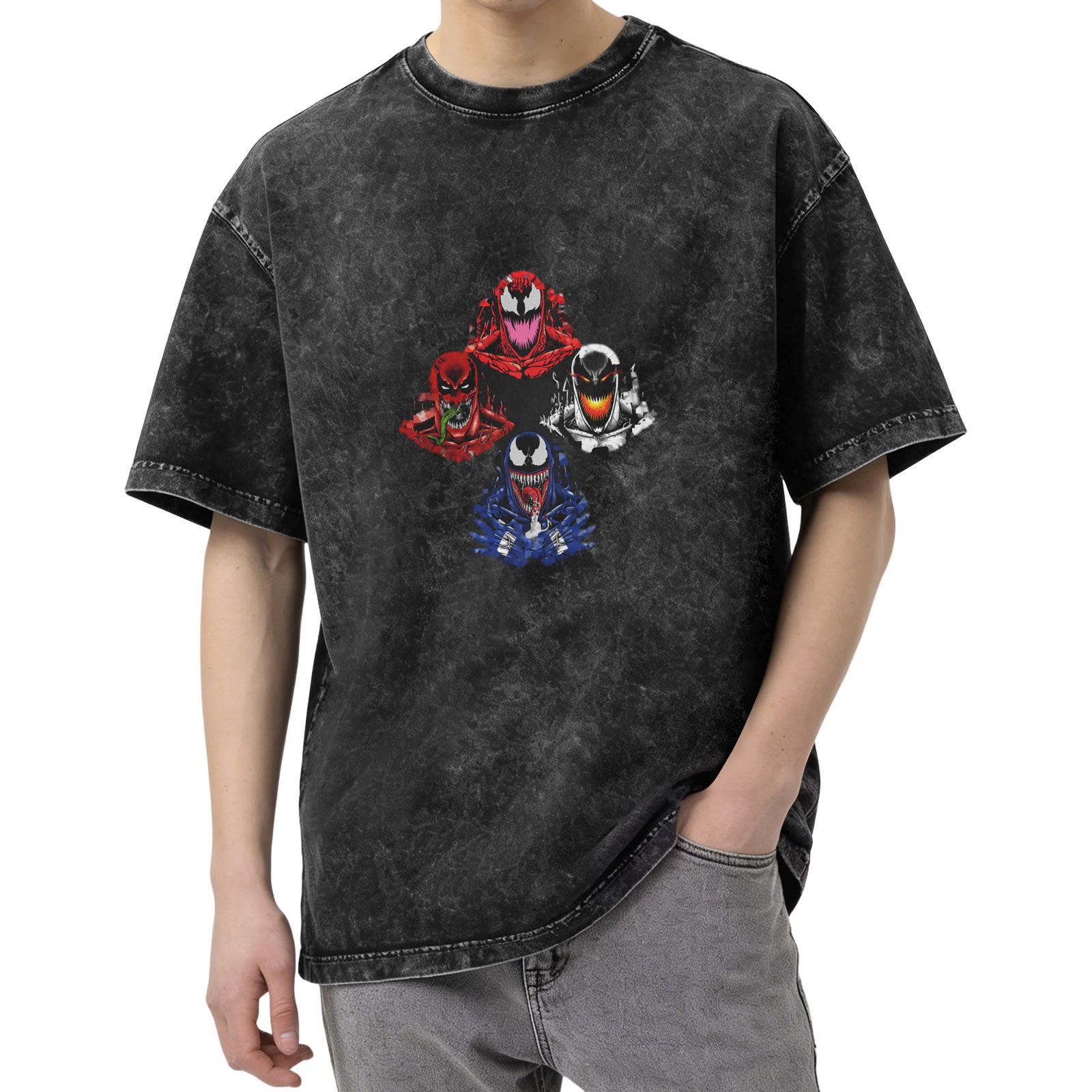 Washed Black T-Shirt With Marvel Symbiote Characters Graphic
